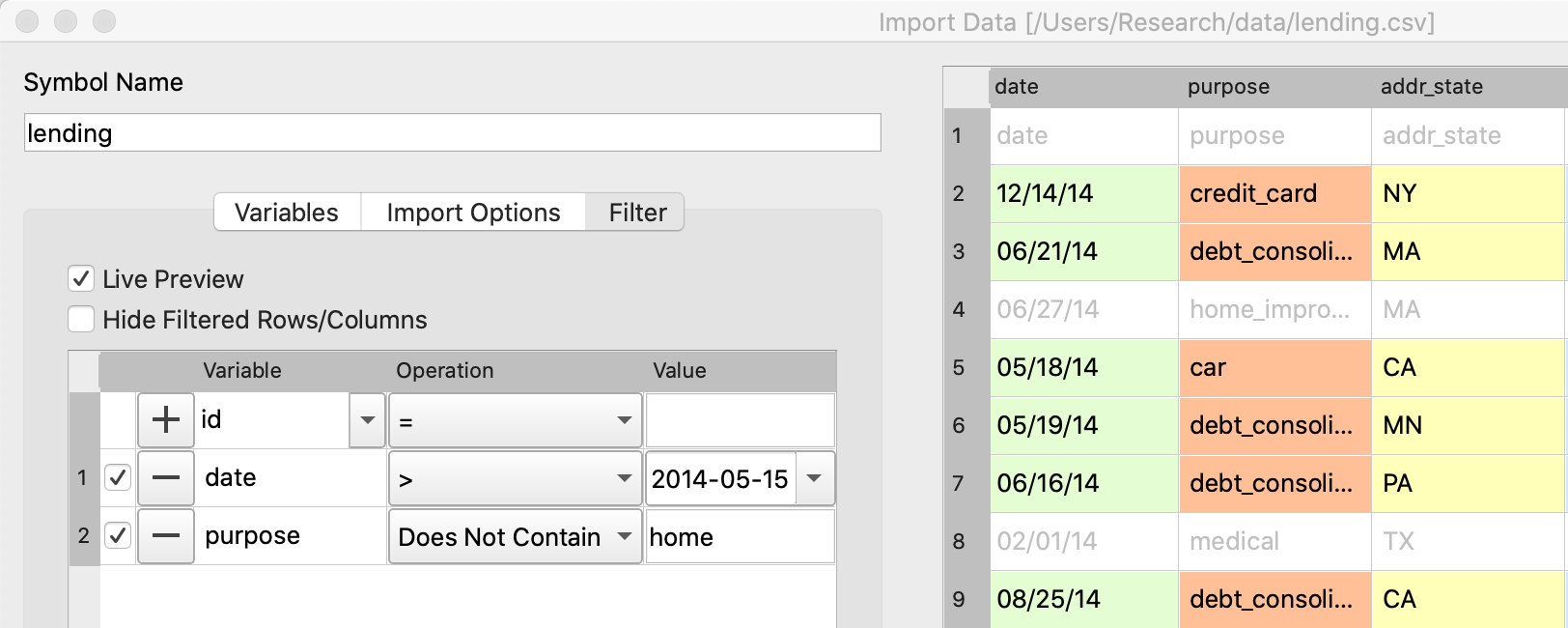 Interactive data filter in GAUSS 21