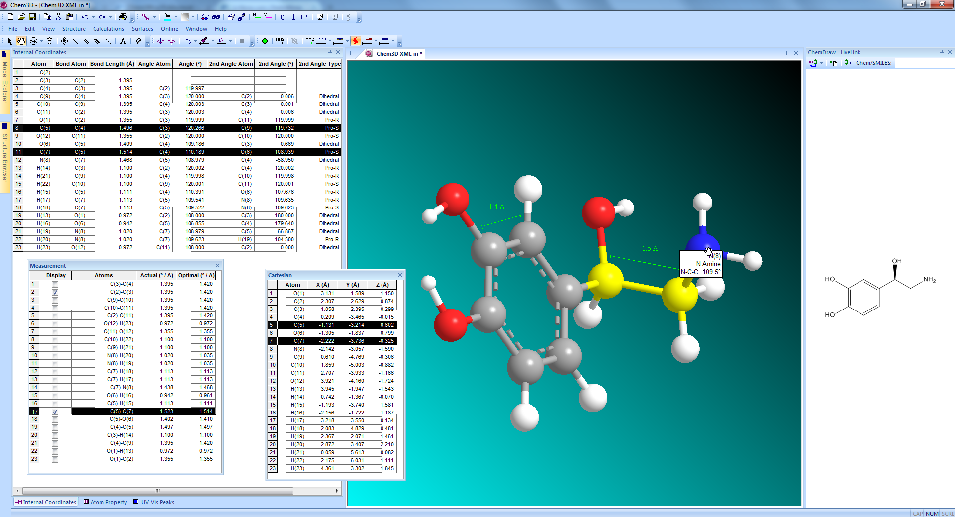 Chem3D: Auswahl an nützlichen Funktionen zur Darstellung struktureller Eigenschaften des betrachteten Moleküls