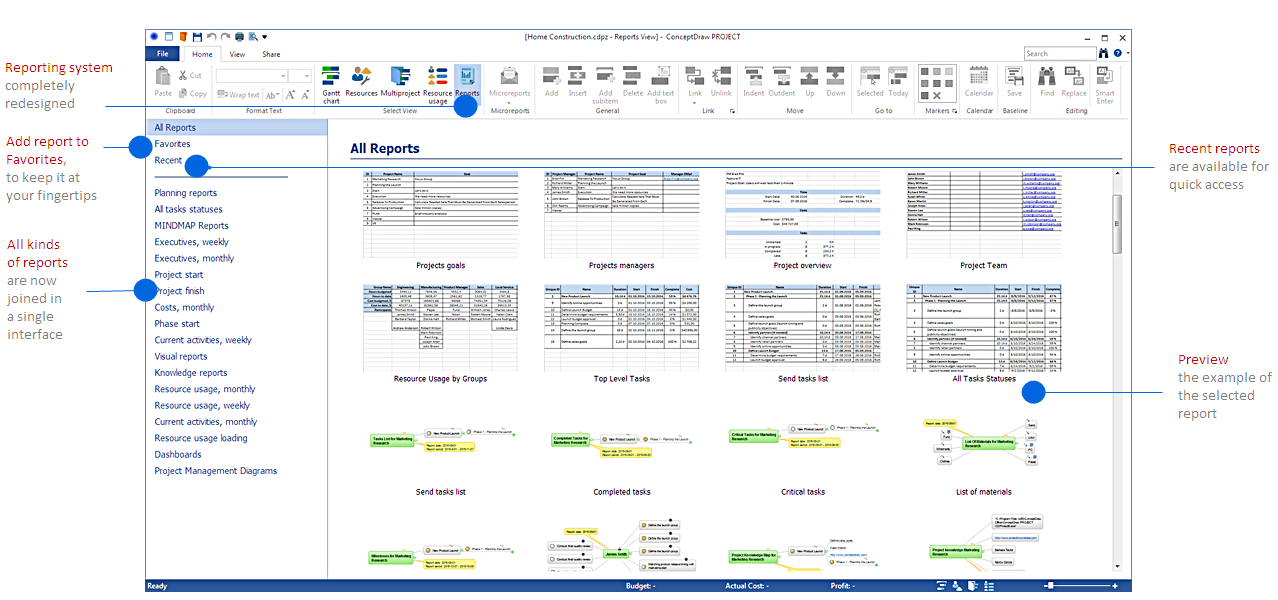 Improved performance of the reporting functionality in ConceptDraw PROJECT 8
