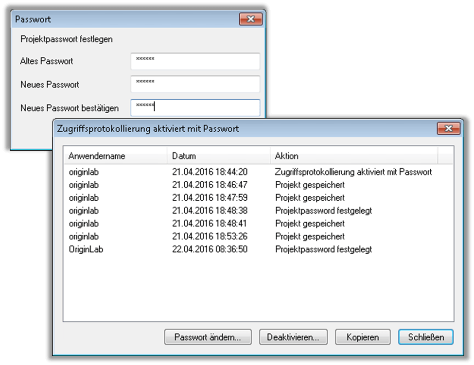 Origin verfügt über einen Passwortschutz für das gesamte Projekt oder auf Ebene von Arbeitsmappe/Arbeitsblatt. Es ist auch ein Zugriffsprotokoll verfügbar, das Datum, Zeit und Benutzername in Bezug auf Änderungen aufzeichnet, die an der Projektdatei vorgenommen wurden. Diese Schutzfunktionen können die Übereinstimmung mit CFR Titel 21 Teil 11 erleichtern.