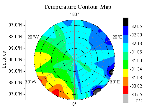 Polares Konturdiagramm zur Veranschaulichung der Temperaturverteilung in der Nähe des Nordpols.