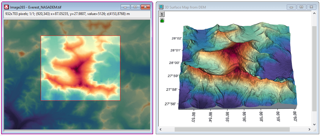 OriginPro 2022b: Hinzufügen von ein oder mehreren ROI-Feldern zu importiertem GeoTIFF-Bild und Extrahieren, um die Analyse weiterzuführen und Diagramme wie ein 3D-Oberflächendiagramm zu erstellen. Das Verschieben des ROI-Felds oder das Verändern seiner Größe aktualisiert automatisch die Analyseergebnisse und Diagramm.