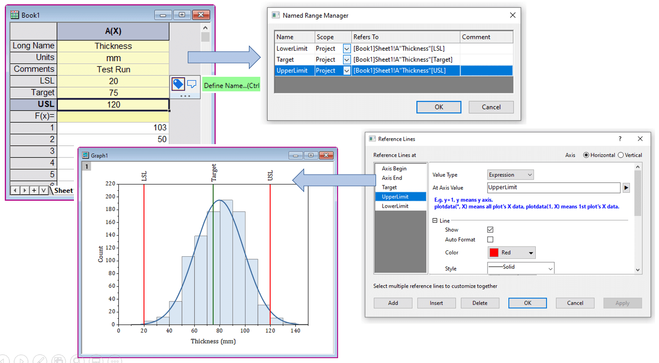 OriginPro 2022b: Define named ranges for values stored in column label rows. Then use those names in calculations, or to set reference line locations in graphs