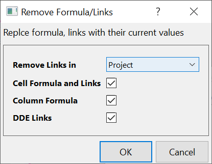 OriginPro 2022b: Dialog to remove formula/links from project before sharing with others