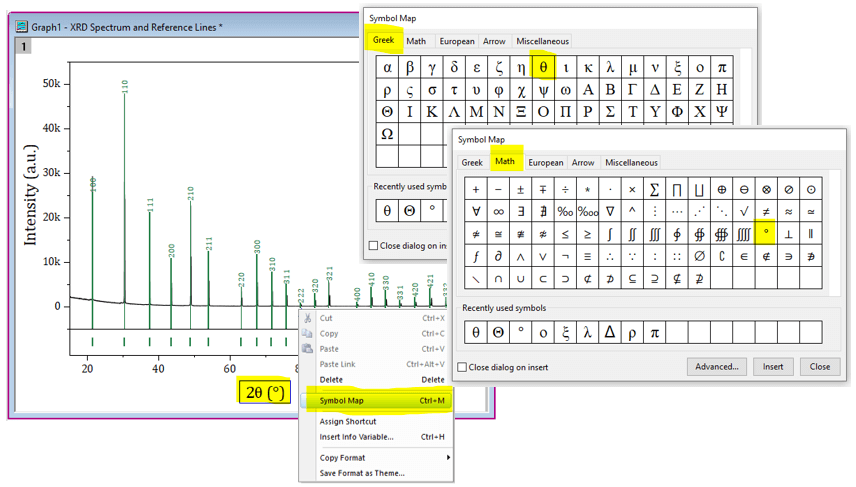 OriginPro 2022b: A simplified dialog to find and insert symbols quickly when editing text labels