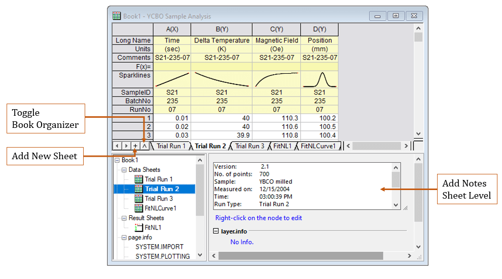 OriginPro 2022b: Buttons for Book Organizer and New Sheet. Add notes at Sheet level.