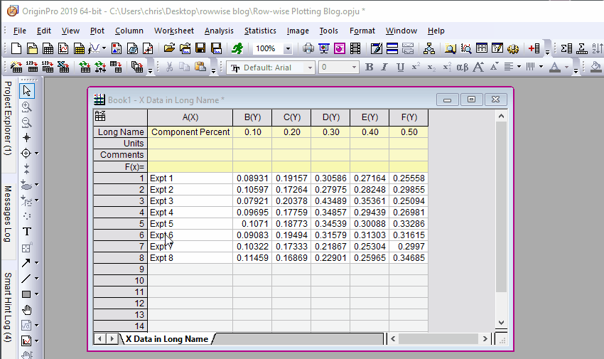 Origin 2019: Illustration of Steps in Row-wise data example