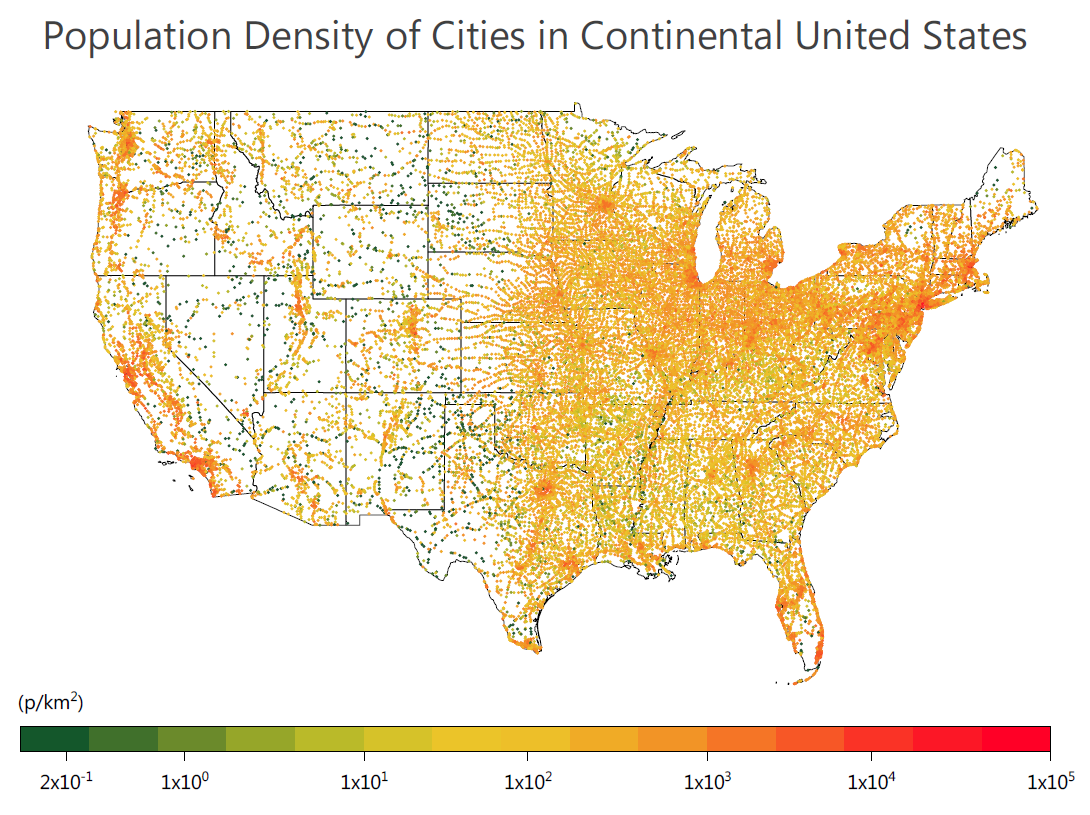 OriginPro and Origin 2020: Population density of 37,000 US Cities plotted using the new *Color Dots* plot. The Import Shapefile App was used to overlay state boundaries.