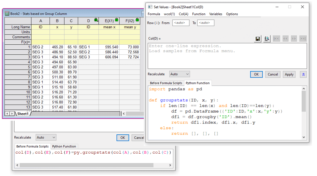 OriginPro 2021: Set Column Values is one of several places where Python functions can be used to perform calculations and data transforms. The Python function, Before Formula Script, and the expression can all be saved together as a formula for future use.