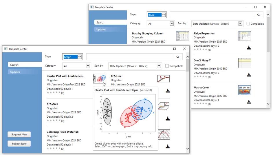 OriginPro 2022: Template Center dialog available under Tools menu, to download new Graph or Book templates rel=