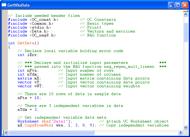 A sample of typical Origin C code with syntax coloring in Code Builder