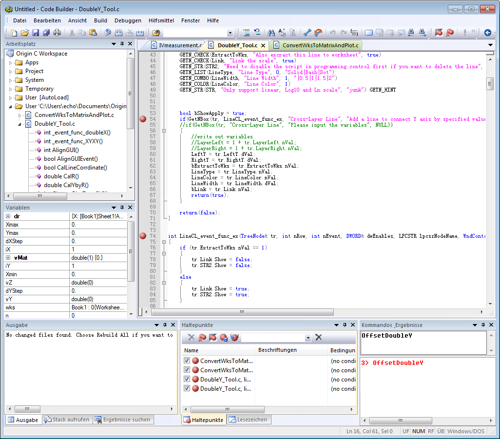 This image shows an Origin C workspace in Code Builder, the integrated development environment