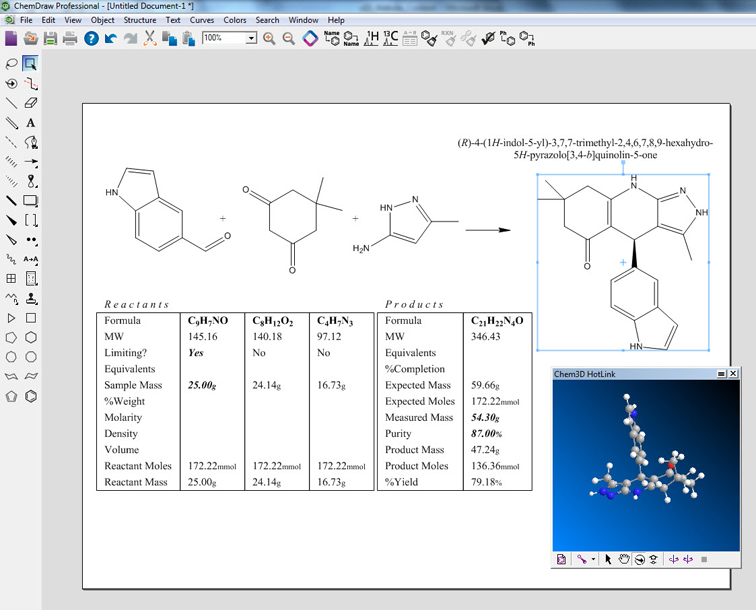 The reaction stoichiometry grid is complemented with IUPAC name generation. When deployed with ChemOffice Professional, ChemDraw allows for an in app 3D viewer through a Chem3D Hotlink window.