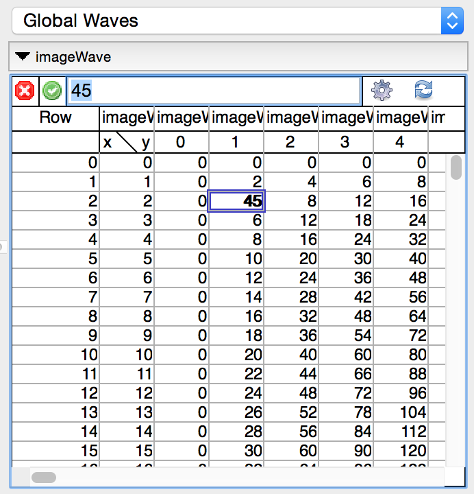 Tabellenansicht zum Editieren von Wellen im Debugger in Igor Pro 7
