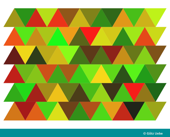 Folge 9: Zufällig plazierte Streifen gleichseitiger Dreiecke, Spitze unten vs Spitze oben  im Wechsel, ein einfaches Parkett, Farbnuancen nach Eckenstruktur (gleichseitige Dreiecke, auf- und abwärts)