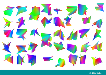 Folge 32: Kompakte, aber  nicht-konvexe n-Ecke im Tableau, Zufallsvariationen der Form und Farbe, insbesondere changierend